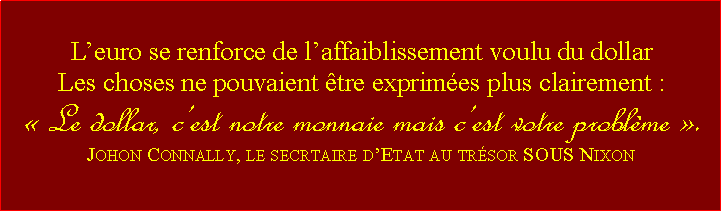 Zone de Texte: Leuro se renforce de laffaiblissement voulu du dollarLes choses ne pouvaient tre exprimes plus clairement :  Le dollar, cest notre monnaie mais cest votre problme .Johon Connally, le secrtaire dEtat au trsor SOUS Nixon 