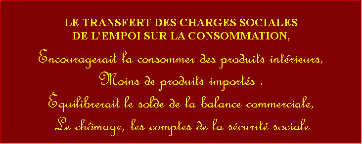 Zone de Texte: LE TRANSFERT DES CHARGES SOCIALES DE LEMPOI SUR LA CONSOMMATION,Encouragerait la consommer des produits intrieurs,                                  Moins de produits imports . quilibrerait le solde de la balance commerciale, Le chmage, les comptes de la scurit sociale