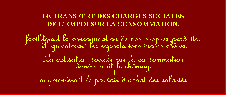 Zone de Texte: LE TRANSFERT DES CHARGES SOCIALES DE LEMPOI SUR LA CONSOMMATION,faciliterait la consommation de nos propres produits,  Augmenterait les exportations moins chres.La cotisation sociale sur la consommation diminuerait le chmage et augmenterait le pouvoir dachat des salaris